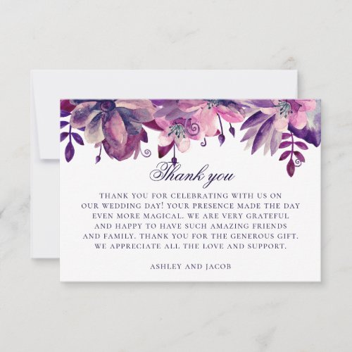 Watercolor purple and pink flowers Floral wedding Thank You Card