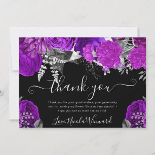 Watercolor Purple and Silver Roses Sweet 16 Thank You Card