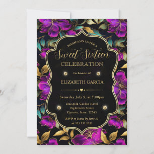 Watercolor Purple and Teal Flowers Sweet 16 Invitation