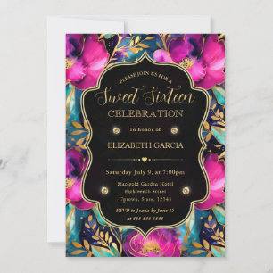 Watercolor Purple and Teal Flowers Sweet 16 Invitation
