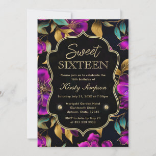 Watercolor Purple and Teal Flowers Sweet Sixteen Invitation
