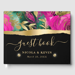 Watercolor Purple and Teal Flowers Wedding  Guest Book