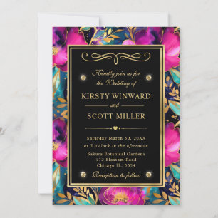 Watercolor Purple and Teal Flowers Wedding Invitation