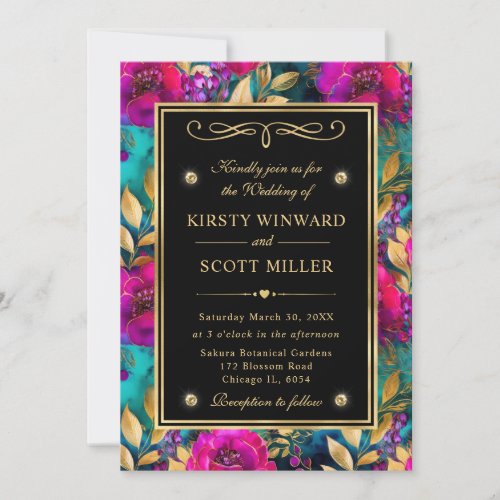 Watercolor Purple and Teal Flowers Wedding Invitation