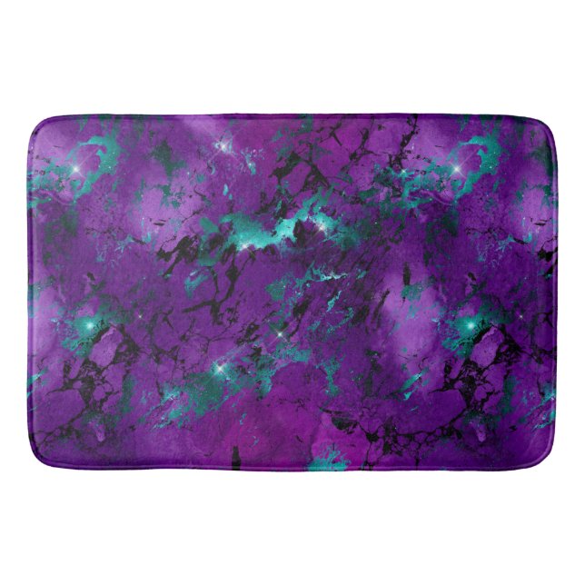 Watercolor Purple and Teal Marble Galaxy Bath Mat (Front)