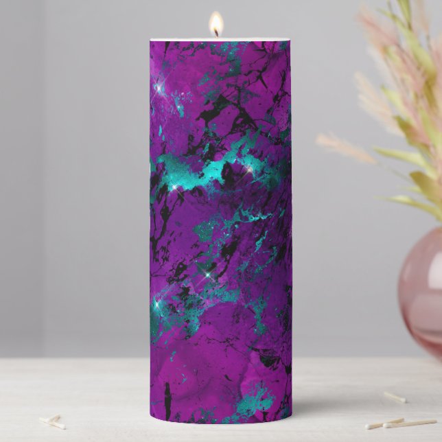 Watercolor Purple and Teal Marble Galaxy Pillar Candle (In Situ)