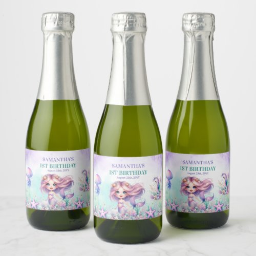 Watercolor purple and teal mermaid 1st birthday sparkling wine label