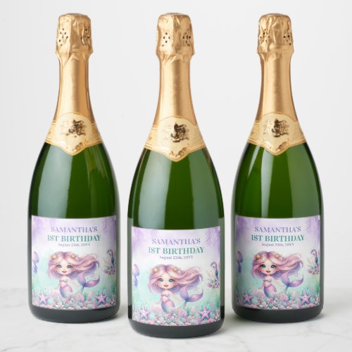 Watercolor purple and teal mermaid 1st birthday sparkling wine label