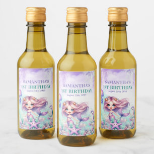Watercolor purple and teal mermaid 1st birthday wine label