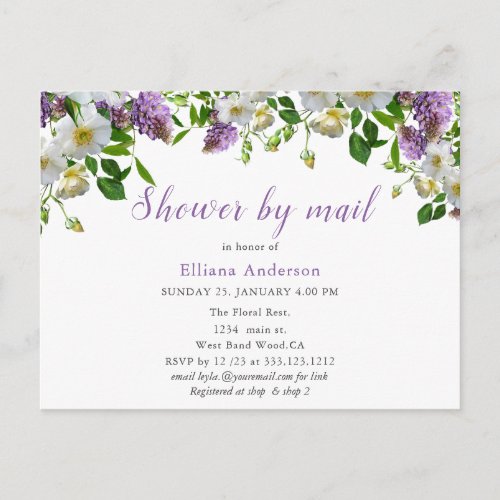 Watercolor Purple And White Floral Bridal Shower Invitation Postcard