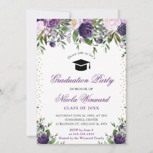 Watercolor Purple and White Flowers Graduation Invitation