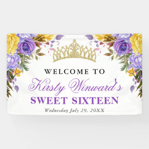 Watercolor Purple and Yellow Flowers Sweet 16 Banner