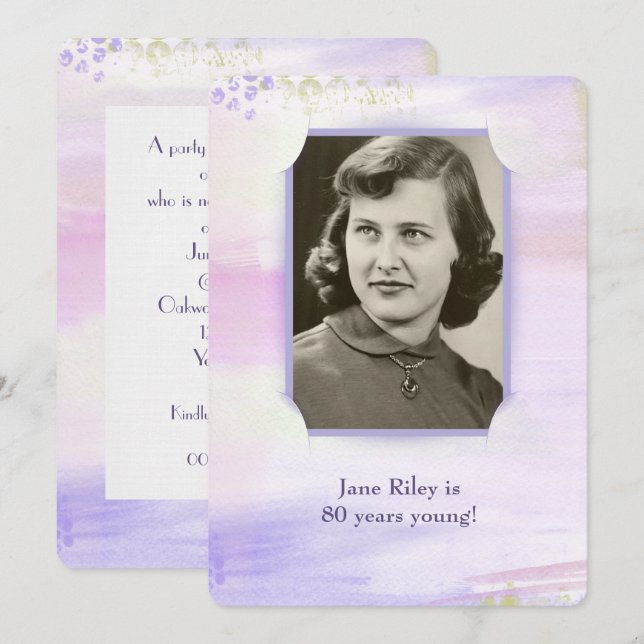 watercolor purple birthday party photo frame invitation (Front/Back)