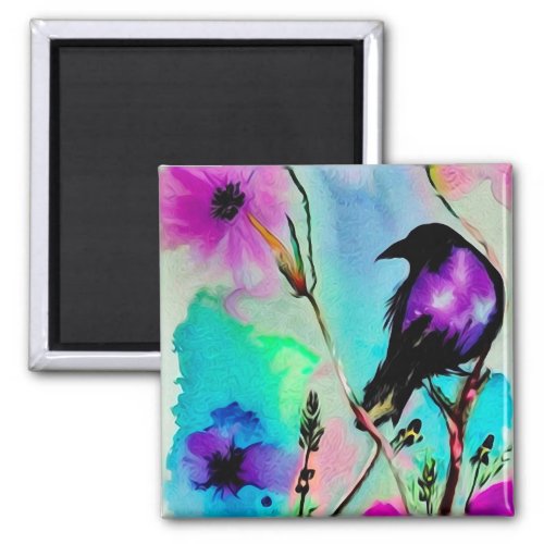 Watercolor Purple  Black Bird Magnet