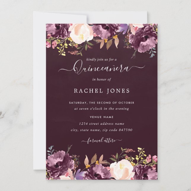Watercolor Purple Bloom Quinceanera Invitation (Front)