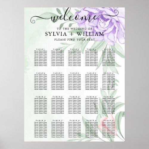 Watercolor Purple Blooms Bouquet Wedding Seating Poster