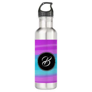 Watercolor Purple Blue Brush Strokes Monogram Stainless Steel Water Bottle