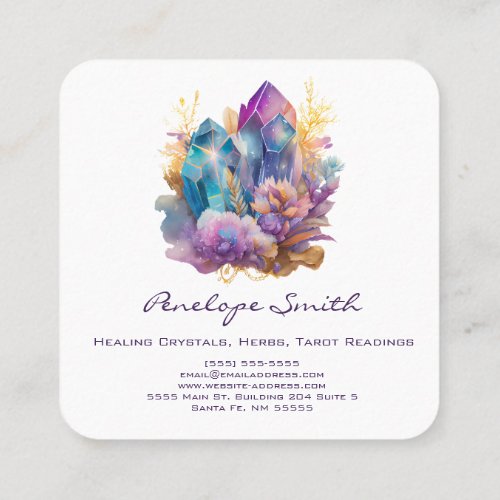 Watercolor Purple Blue Crystals and Flowers Square Business Card