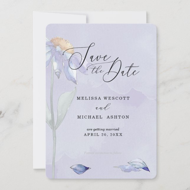 Watercolor Purple Blue Daisy Lavender Wedding Save The Date (Front)