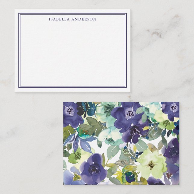 Watercolor Purple Blue Floral Pattern Personalized Note Card (Front/Back)