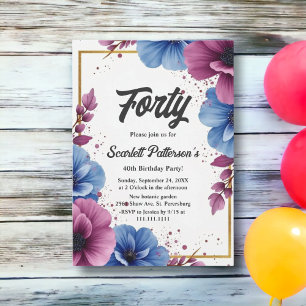 Watercolor Purple Blue Flowers Elegant Birthday Invitation