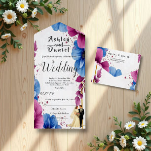 Watercolor Purple Blue Flowers Elegant Wedding All In One Invitation