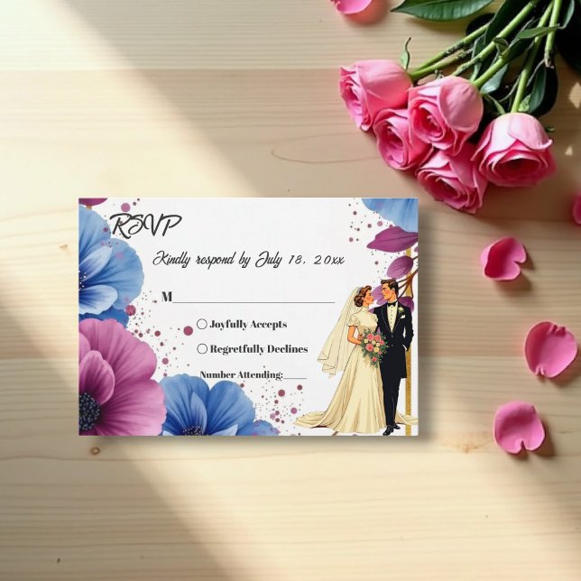 Watercolor Purple Blue Flowers Elegant Wedding RSVP Card (Creator Uploaded)