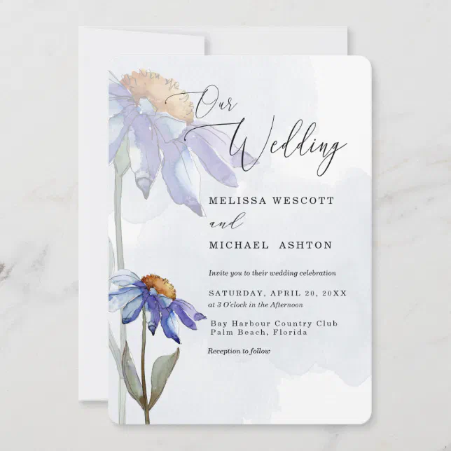 Watercolor Purple Blue Gerbera Daisy Wedding Invitation | Zazzle