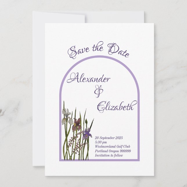 Watercolor Purple & Blue Iris Save the Date Invitation (Front)