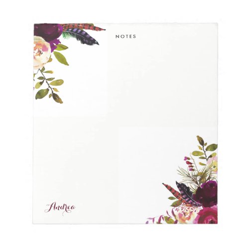 Watercolor Purple Boho Floral Autumn Personalized Notepad