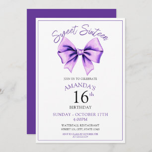 Watercolor Purple Bow Sweet 16 Birthday Invitation