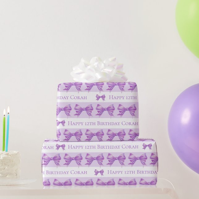 Watercolor purple bow white stripe pattern custom wrapping paper (Party Gifts)
