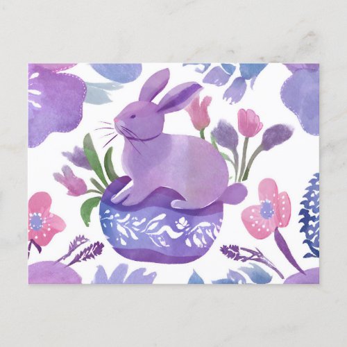 Watercolor Purple Bunny with Spring Flowers  Holiday Postcard