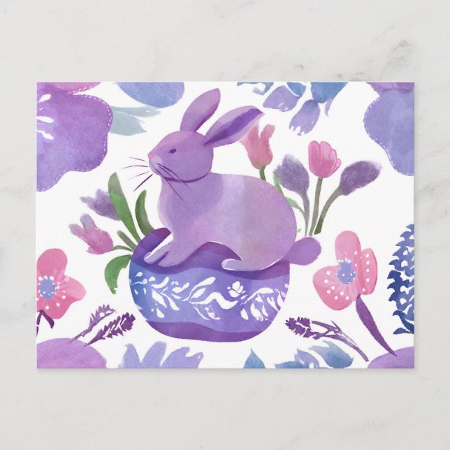 Watercolor Purple Bunny with Spring Flowers  Holiday Postcard (Front)