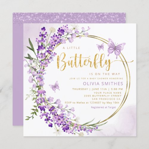 Watercolor Purple Butterfly Baby Girl Baby Shower Invitation