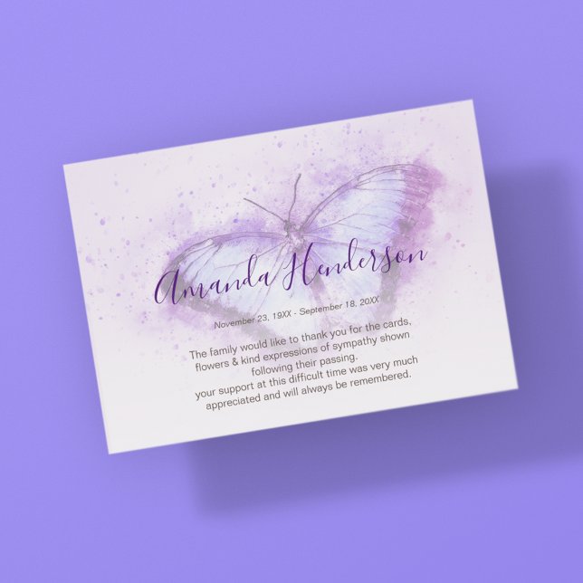 Watercolor Purple Butterfly Memorial Thank You Card (Creator Uploaded)