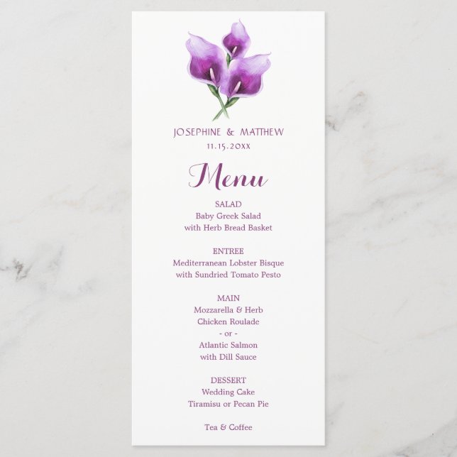 Watercolor Purple Calla Lily Floral Wedding Menu (Front)