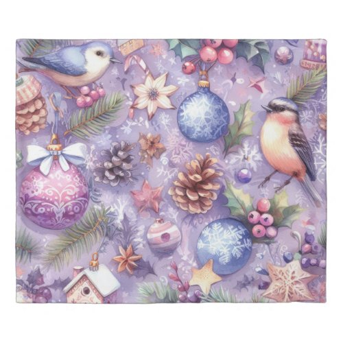 Watercolor Purple Christmas Motifs Holiday Birds Duvet Cover