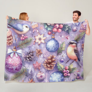 Watercolor Purple Christmas Motifs Holiday Birds Fleece Blanket