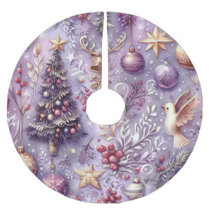 Watercolor Purple Christmas Motifs Holiday Brushed Polyester Tree Skirt