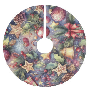 Watercolor Purple Christmas Motifs Holiday Brushed Polyester Tree Skirt