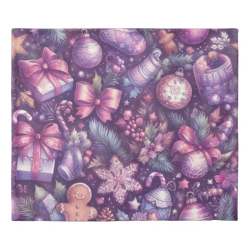 Watercolor Purple Christmas Motifs Holiday Duvet Cover