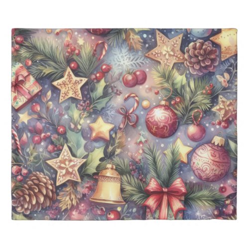 Watercolor Purple Christmas Motifs Holiday Duvet Cover