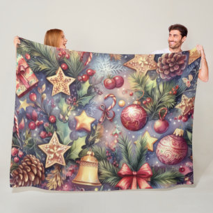 Watercolor Purple Christmas Motifs Holiday Fleece Blanket