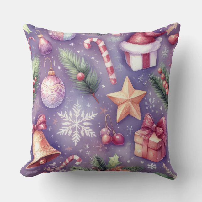 Watercolor Purple Christmas Motifs Holiday Throw Pillow (Front)