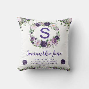 Watercolor Purple & Cream Flowers Wreath Baby Throw Pillow