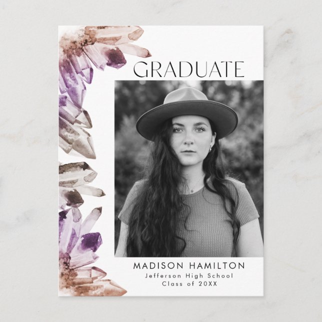 Watercolor Purple Crystal Photo Graduation Party Invitation Postcard (Front)