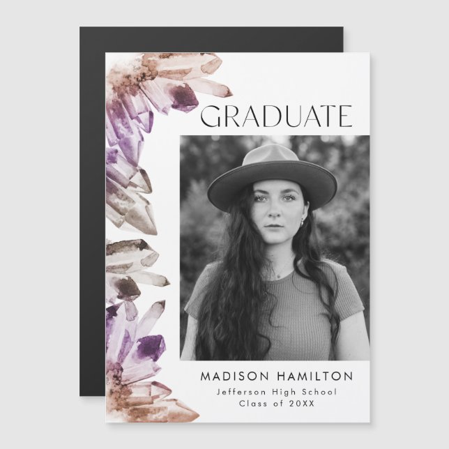 Watercolor Purple Crystals Photo Graduation Magnetic Invitation (Front/Back)