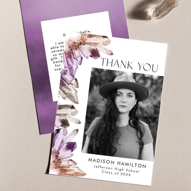 Watercolor Purple Crystals Photo Graduation Thank You Card (Creator Uploaded)