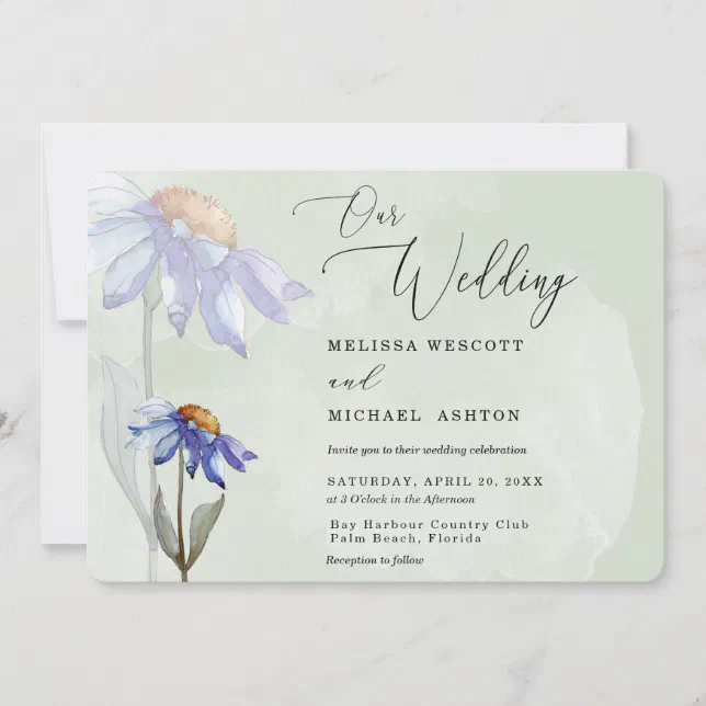 Watercolor Purple Daisy Rustic Wedding Sage Green Invitation | Zazzle